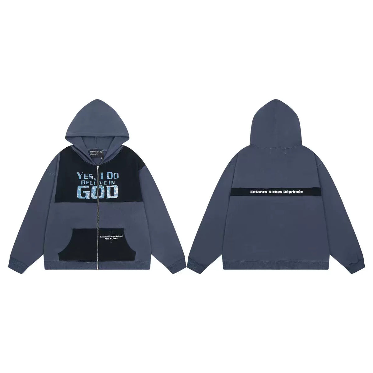 ERD “Yes, I Do Believe in God” Zip-Up Hoodie — Washed Blue