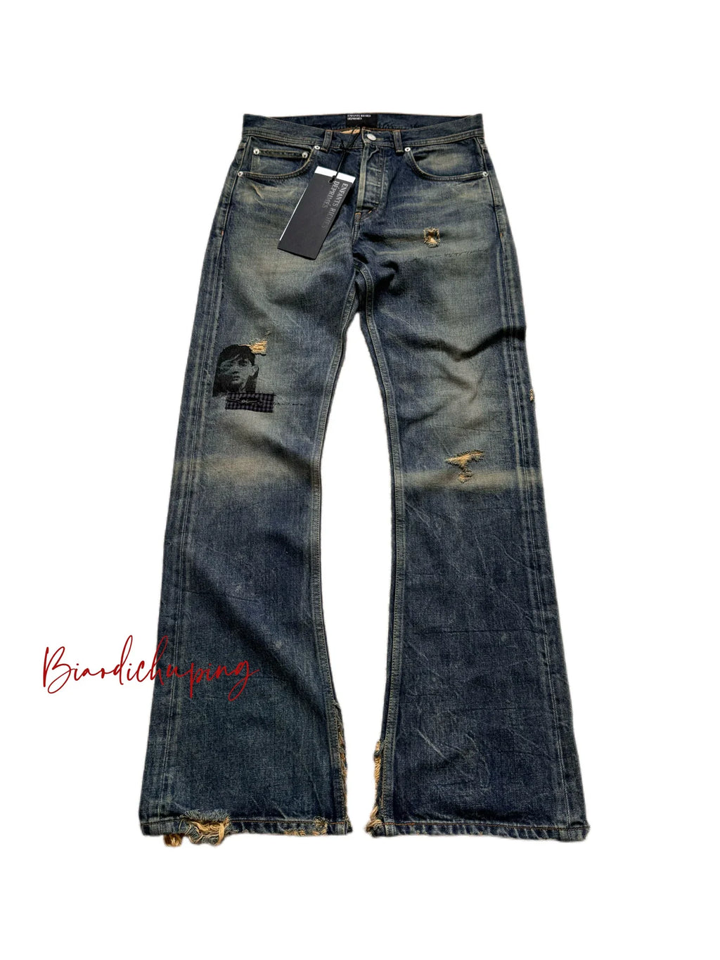 Echo Alley Six-Point Star Patch Distressed Micro Flare Jeans — Washed Blue