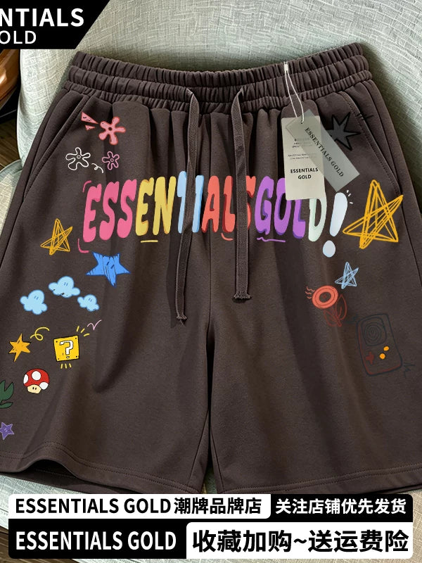 ESSENTIALS GOLD潮牌涂鸦印花短裤男女款抽绳五分裤宽松透气棕色
