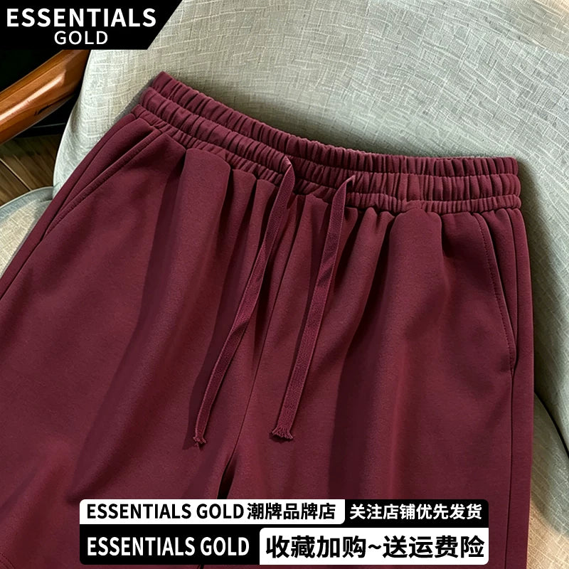 ESSENTIALS GOLD Trendy Brand Summer Wine Red Shorts Loose Breathable Drawstring Versatile Casual Elastic Waist