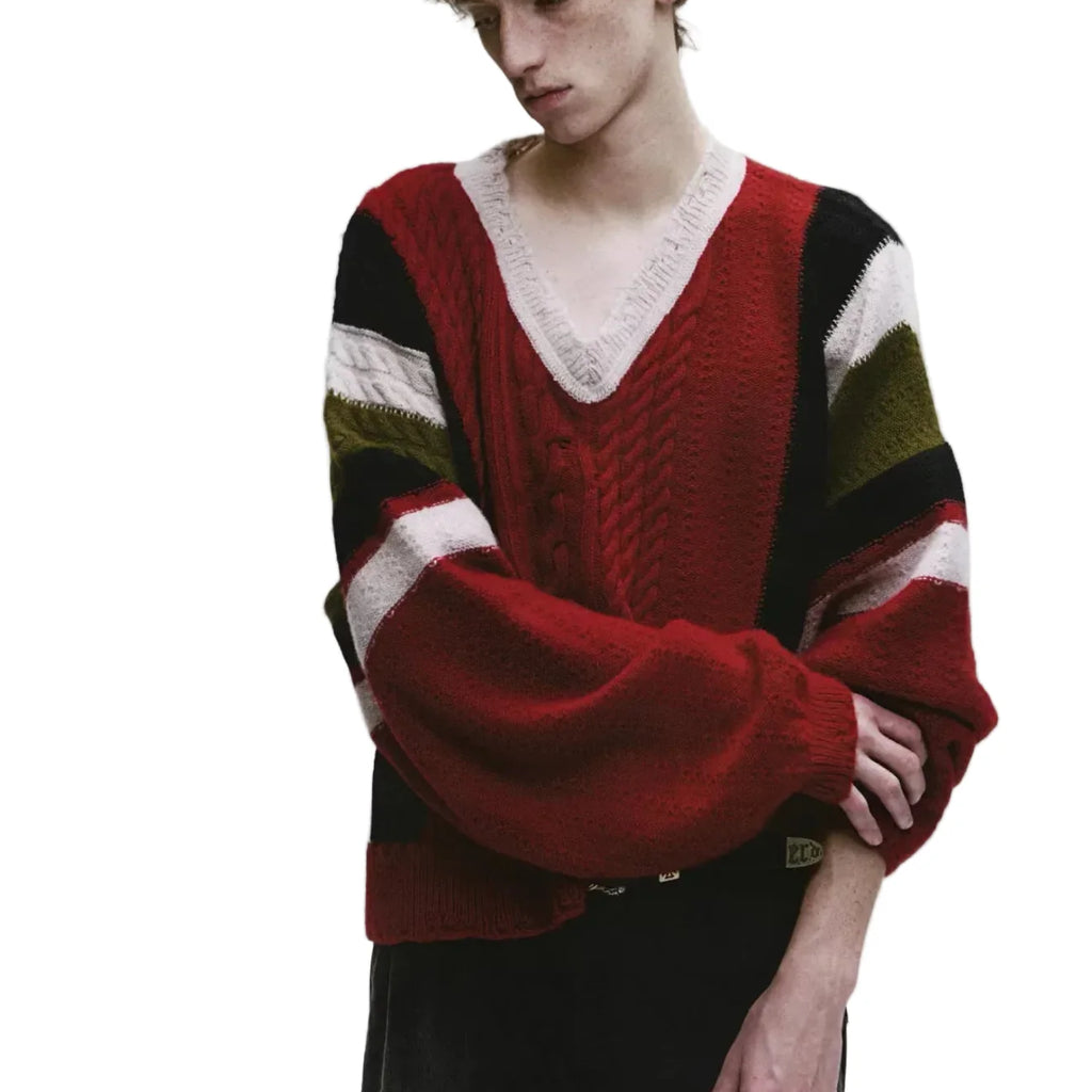 ERD Color-Block Stripe V-Neck Cropped Sweater - Red/Black/Olive/Cream