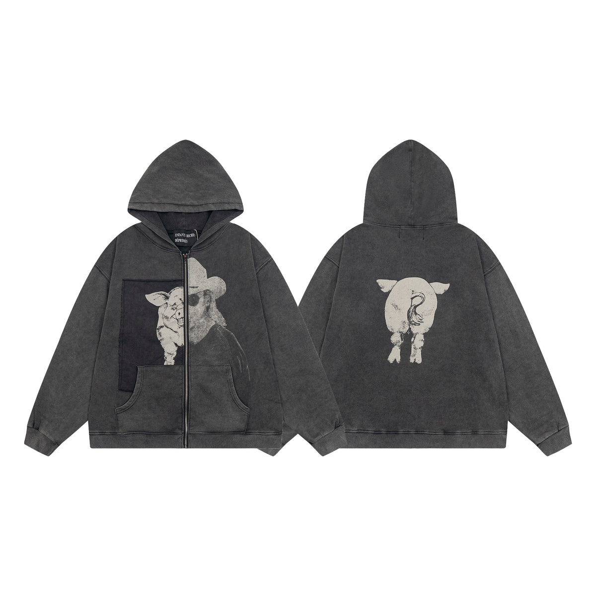 ERD Lamb Graphic Zip-Up Hoodie — Washed Black