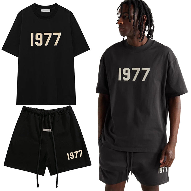 Cross border short sleeved T-shirt 1977 printed ESSENTIALS trendy brand pure cotton T-shirt set for men and women's sports wholesale in stock