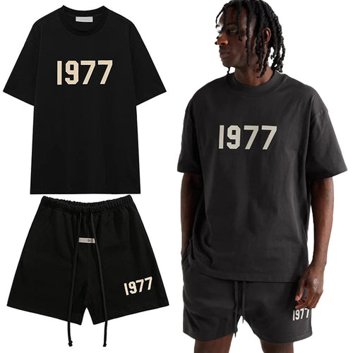 Cross border short sleeved T-shirt 1977 printed ESSENTIALS trendy brand pure cotton T-shirt set for men and women's sports wholesale in stock
