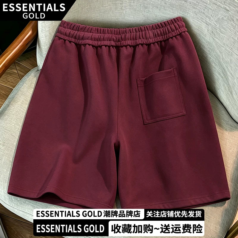 ESSENTIALS GOLD Trendy Brand Summer Wine Red Shorts Loose Breathable Drawstring Versatile Casual Elastic Waist