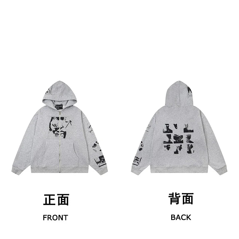 ERD Nine Portraits Graphic Zip-Up Hoodie — Flower Grey
