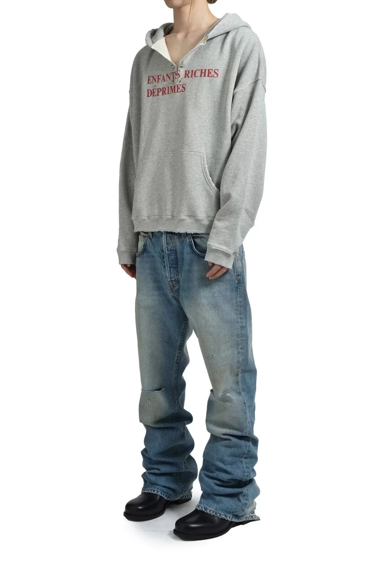 ERD 25SS Mud-Dyed Distressed Micro Flare Jeans — Washed Blue