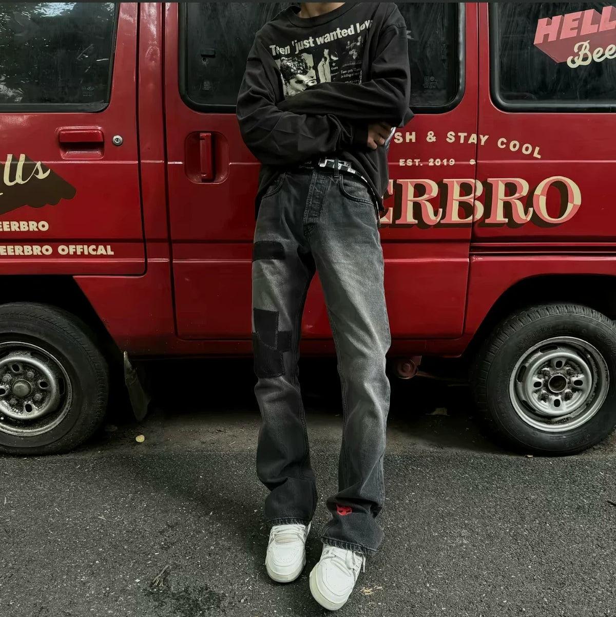 ERD 24FW Corduroy Cross Patch Embroidered Jeans — Dark Gray