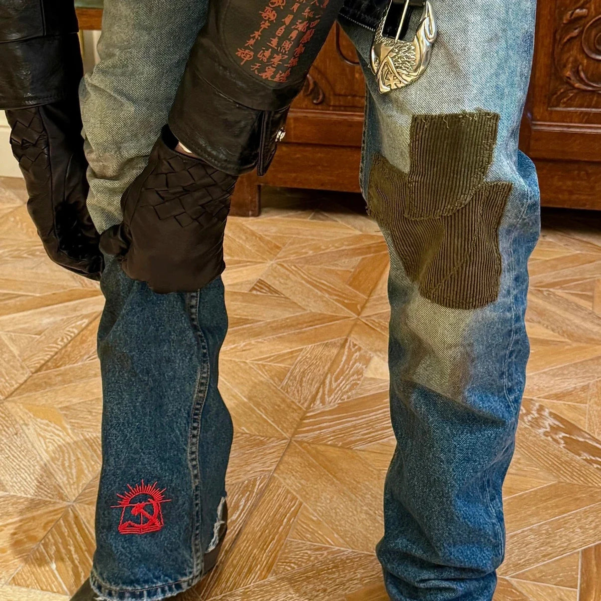 Echo Alley Cross Patch Distressed Flare Jeans — Washed Blue