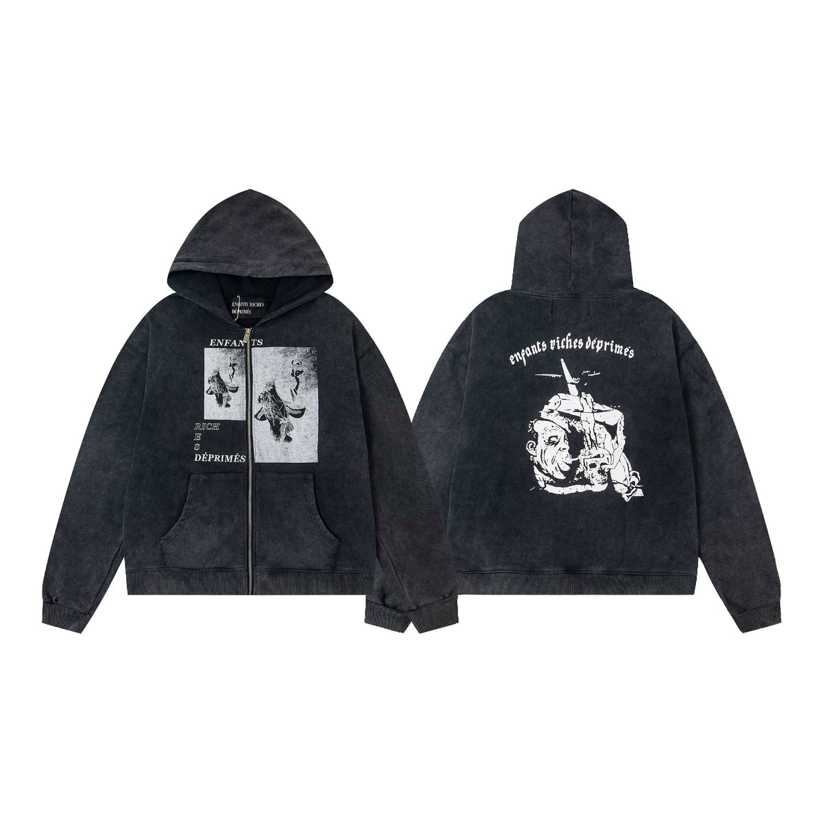 ERD "Enfants Riches Déprimés" Demon Graphic Zip-Up Hoodie — Washed Charcoal