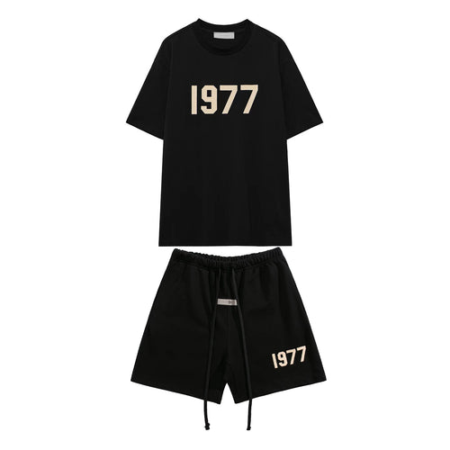 Cross border short sleeved T-shirt 1977 printed ESSENTIALS trendy brand pure cotton T-shirt set for men and women's sports wholesale in stock