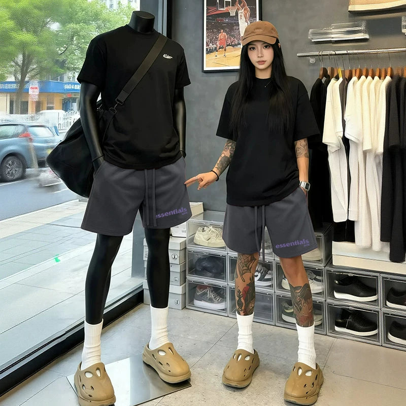 ESSENTIALS American high street fashion brand letter printed casual shorts for summer men's and women's sports drawstring five quarter pants