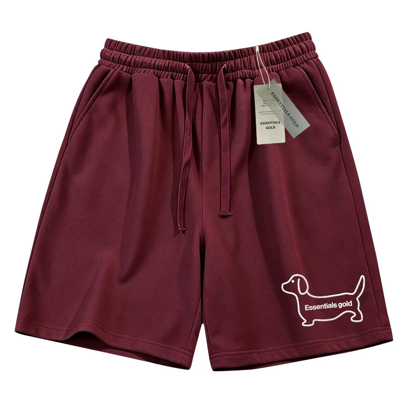 ESSENTIALS GOLD Trendy Brand Summer Wine Red Shorts Loose Breathable Drawstring Versatile Casual Elastic Waist