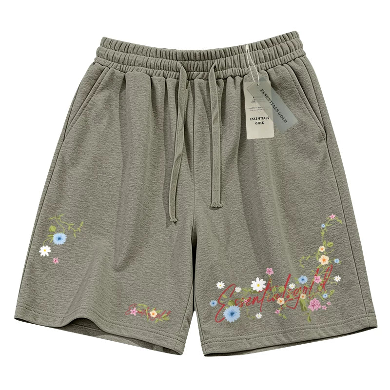 ESSENTIALS GOLD trendy summer breathable shorts with elastic waistband, casual deep fog embroidery floral straight tube