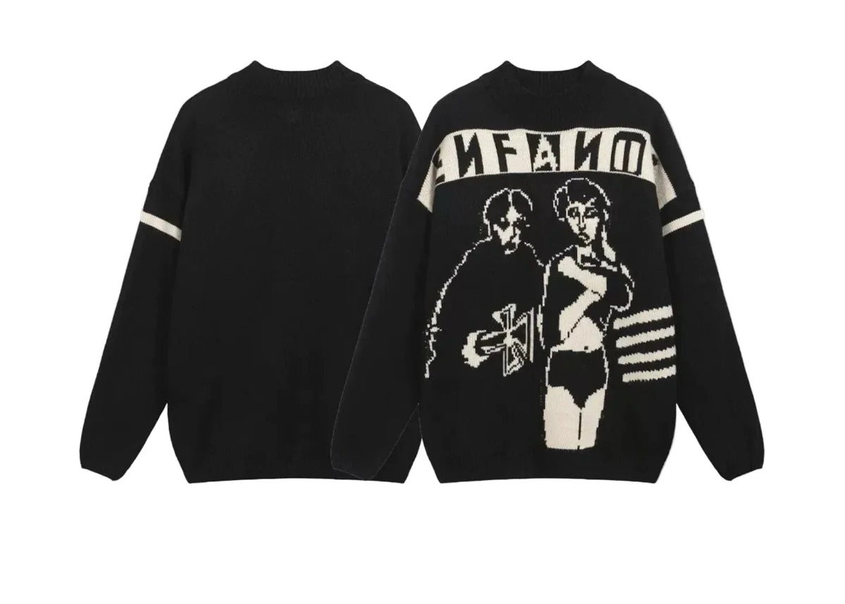 ERD "ENFANTS" Mirrored Text Two-Figure Back Jacquard Knit Sweater - Black