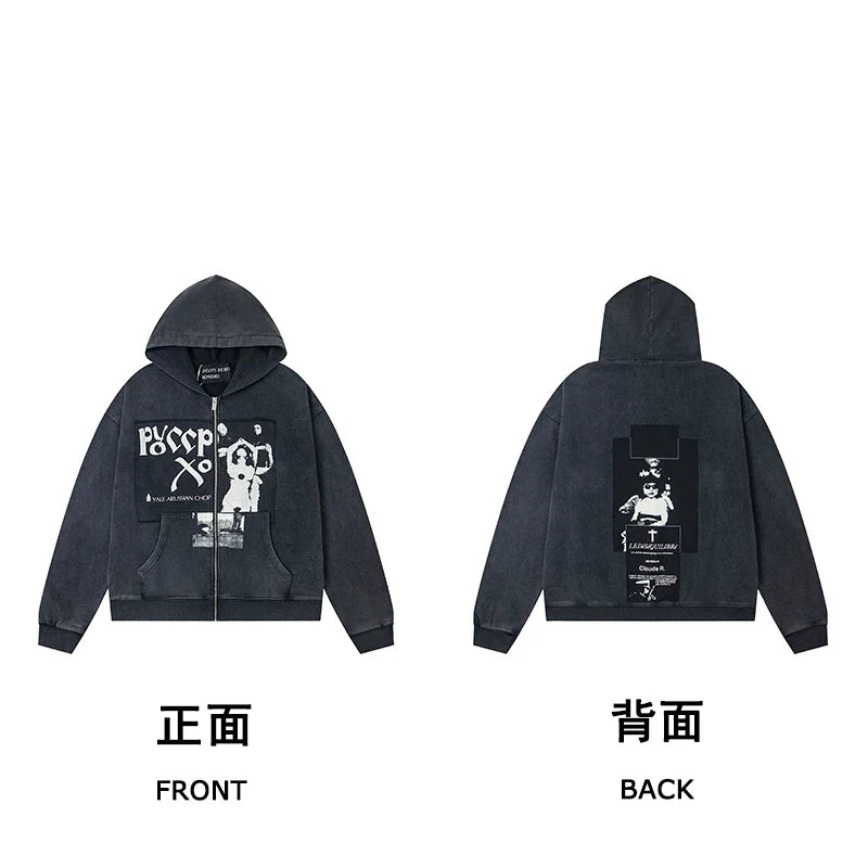 ERD "Rossiya / L'Déséquilibre" Graphic Zip-Up Hoodie — Washed Black