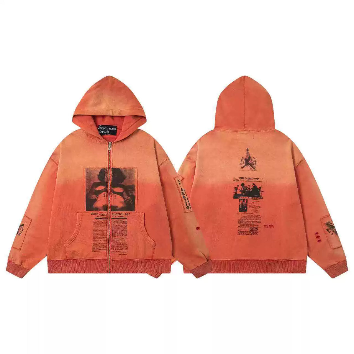 ERD “Auto-Destructive Art” Graphic Zip-Up Hoodie — Washed Orange