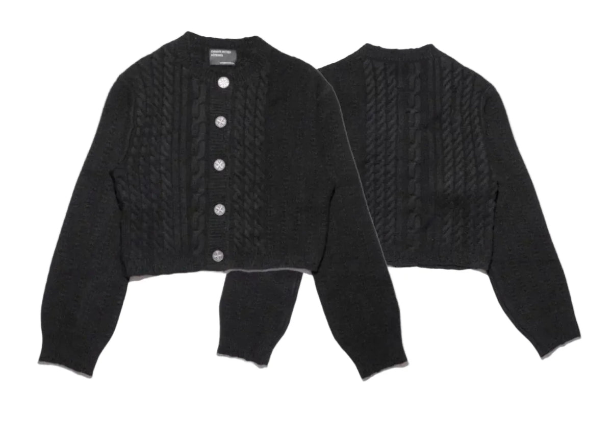 ERD Silver Button Cable-Knit Cropped Cardigan - Black