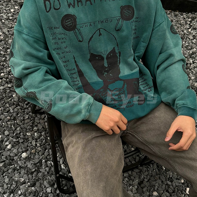 ERD 24SS Cracked Graphic Washed Hoodie - Blue