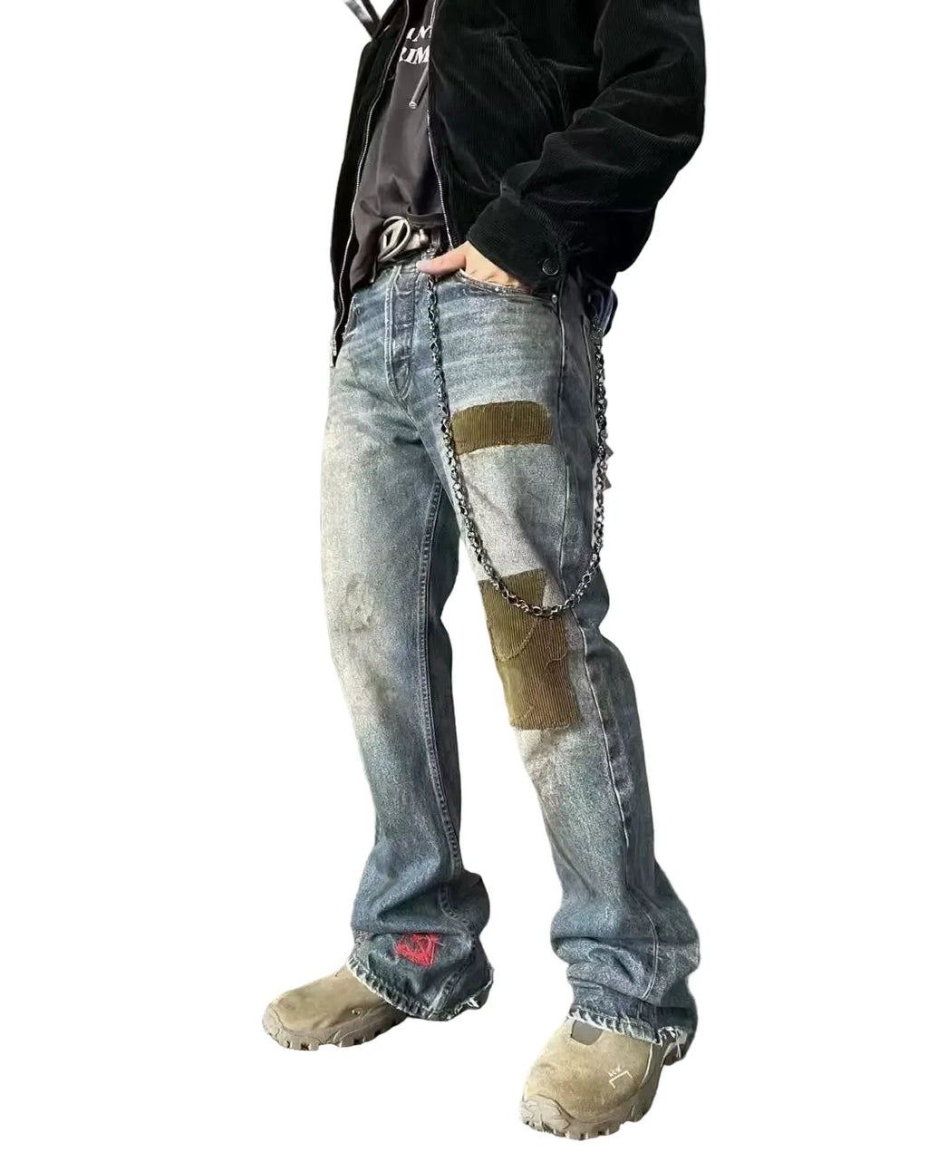 Echo Alley Cross Patch Distressed Flare Jeans — Washed Blue