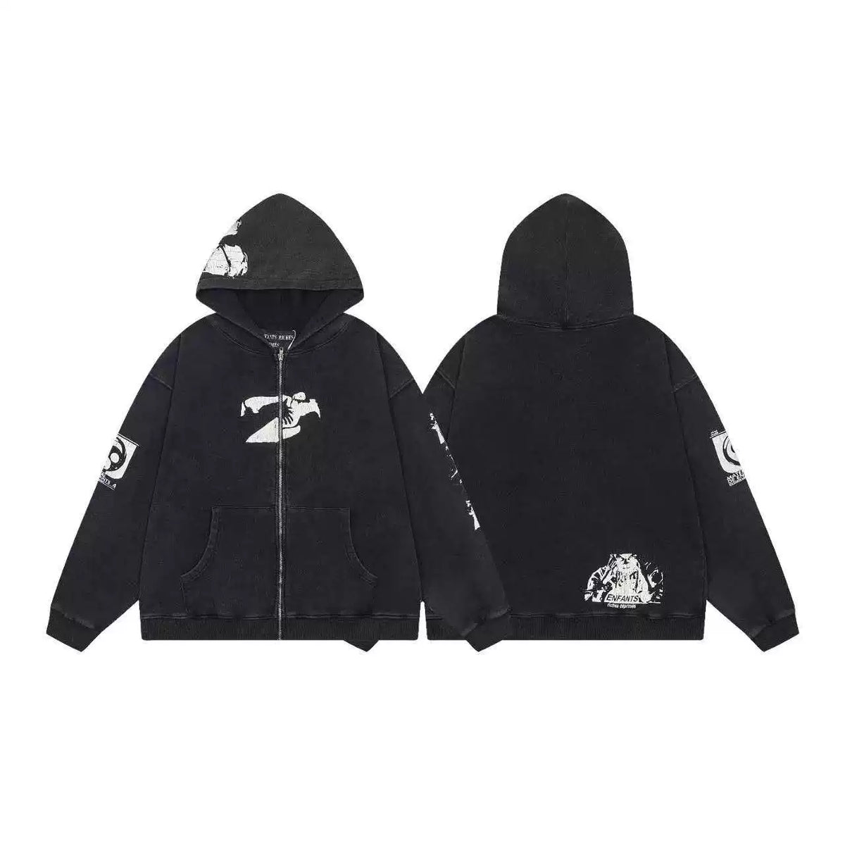 ERD Eagle Crest Graphic Zip-Up Hoodie — Washed Black