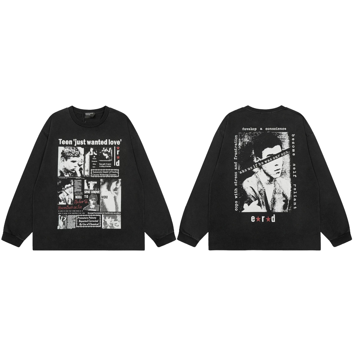 ERD “Teen Just Wanted Love” Tabloid Long Sleeve T-Shirt — Black