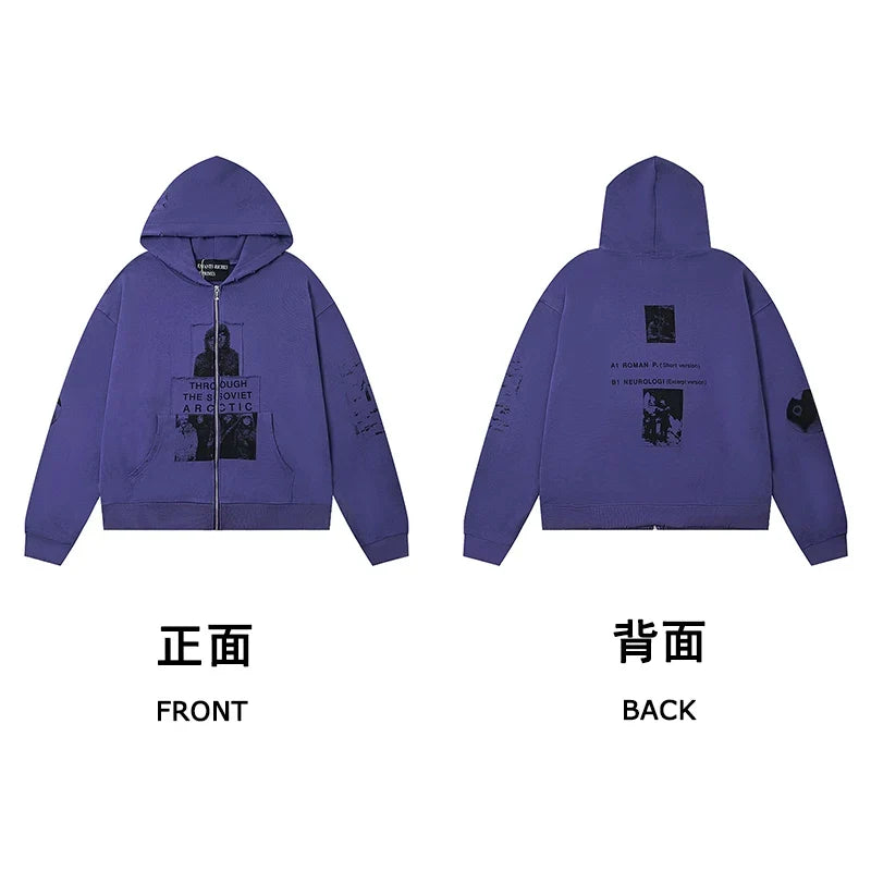 ERD “Soviet Arctic” Graphic Zip-Up Hoodie — Washed Purple