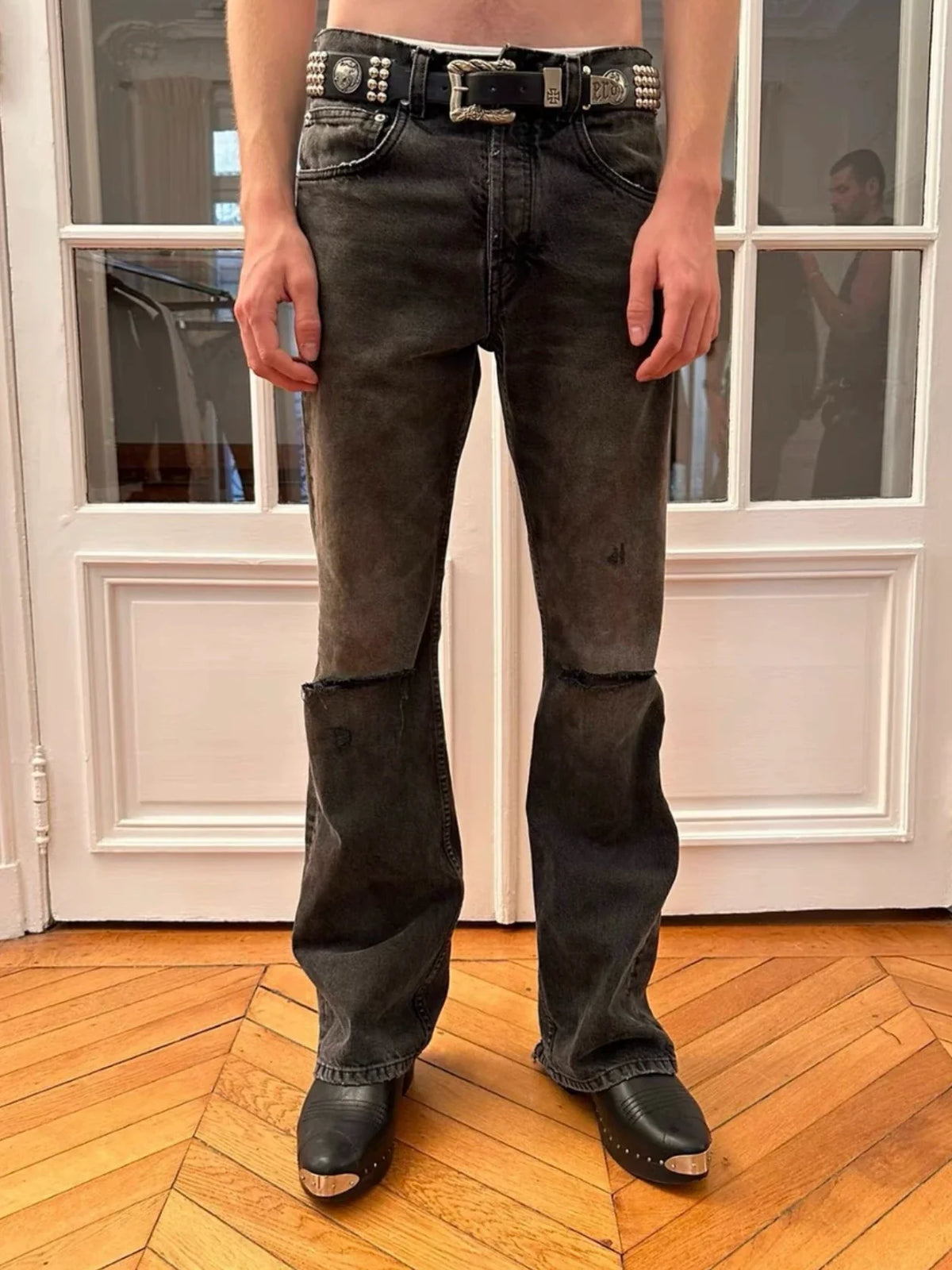 ERD Distressed Washed Straight-Leg Jeans — Dark Grey