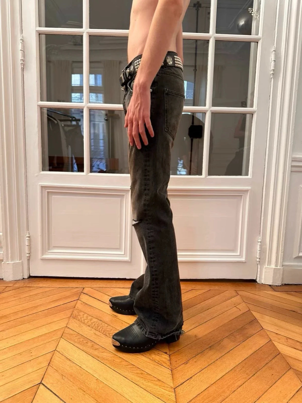 ERD Distressed Washed Straight-Leg Jeans — Dark Grey