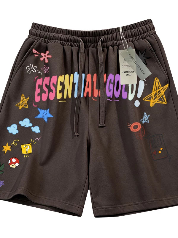 ESSENTIALS GOLD潮牌涂鸦印花短裤男女款抽绳五分裤宽松透气棕色