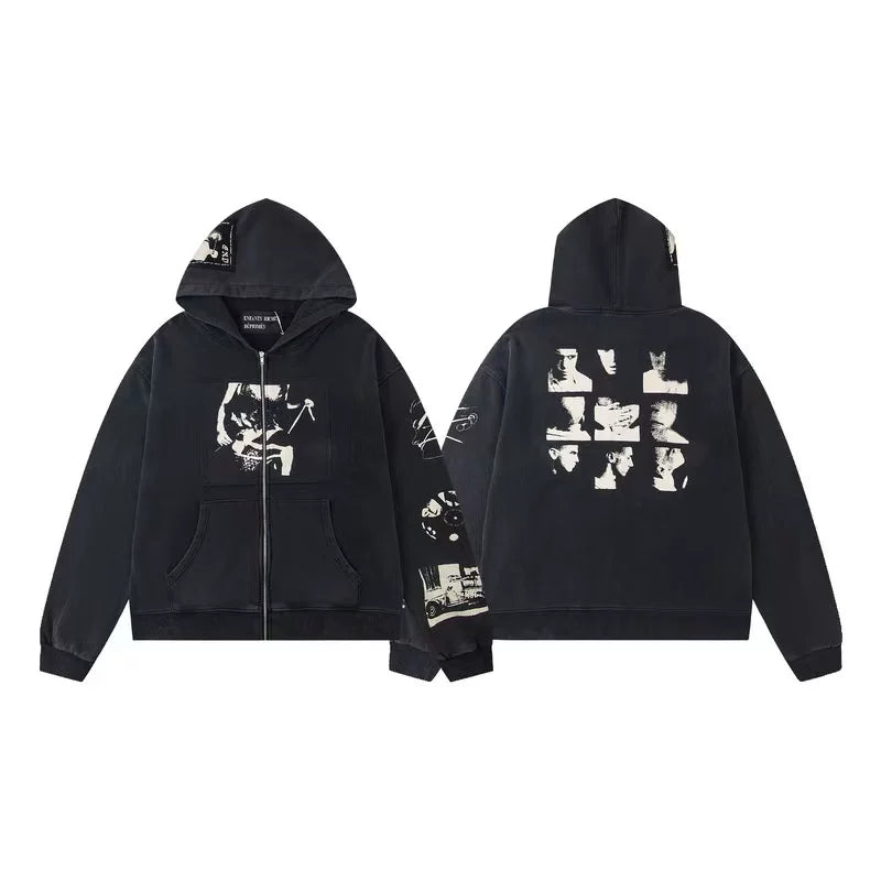 ERD Nine Portraits Graphic Zip-Up Hoodie — Washed Black