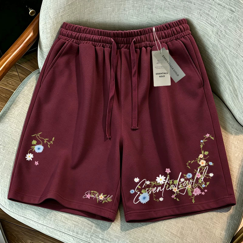 ESSENTIALS GOLD trendy summer breathable shorts with elastic waistband, casual deep fog embroidery floral straight tube