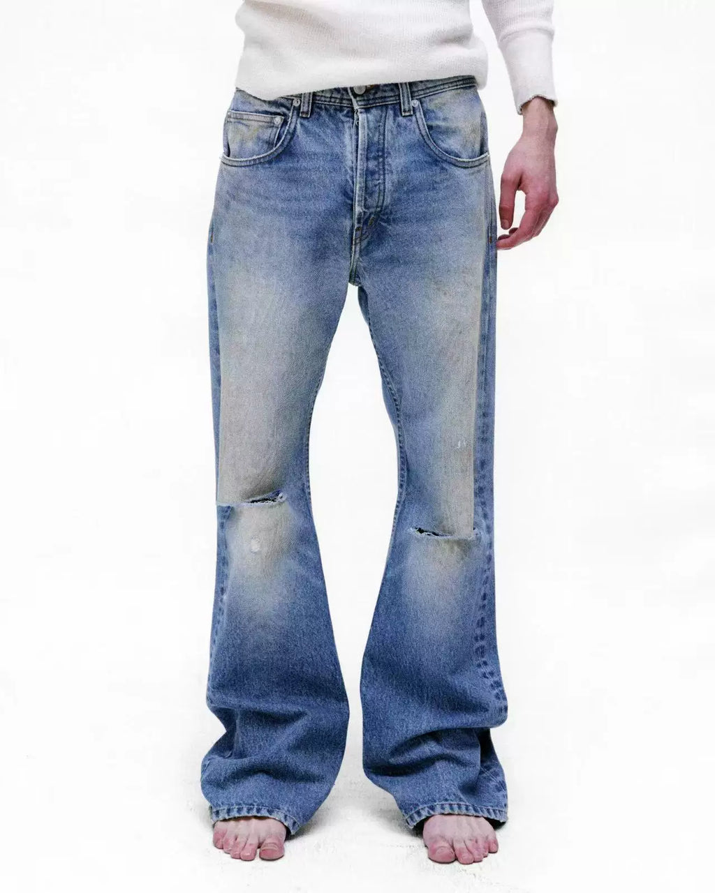 ERD 25SS Mud-Dyed Distressed Micro Flare Jeans — Washed Blue