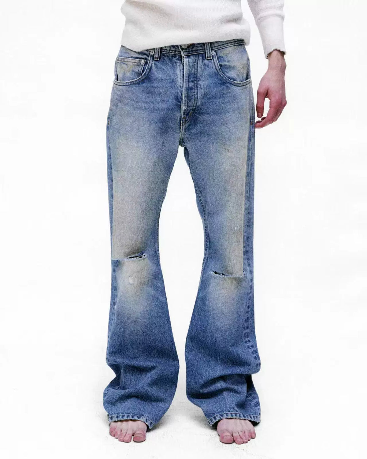 ERD 25SS Mud-Dyed Distressed Micro Flare Jeans — Washed Blue