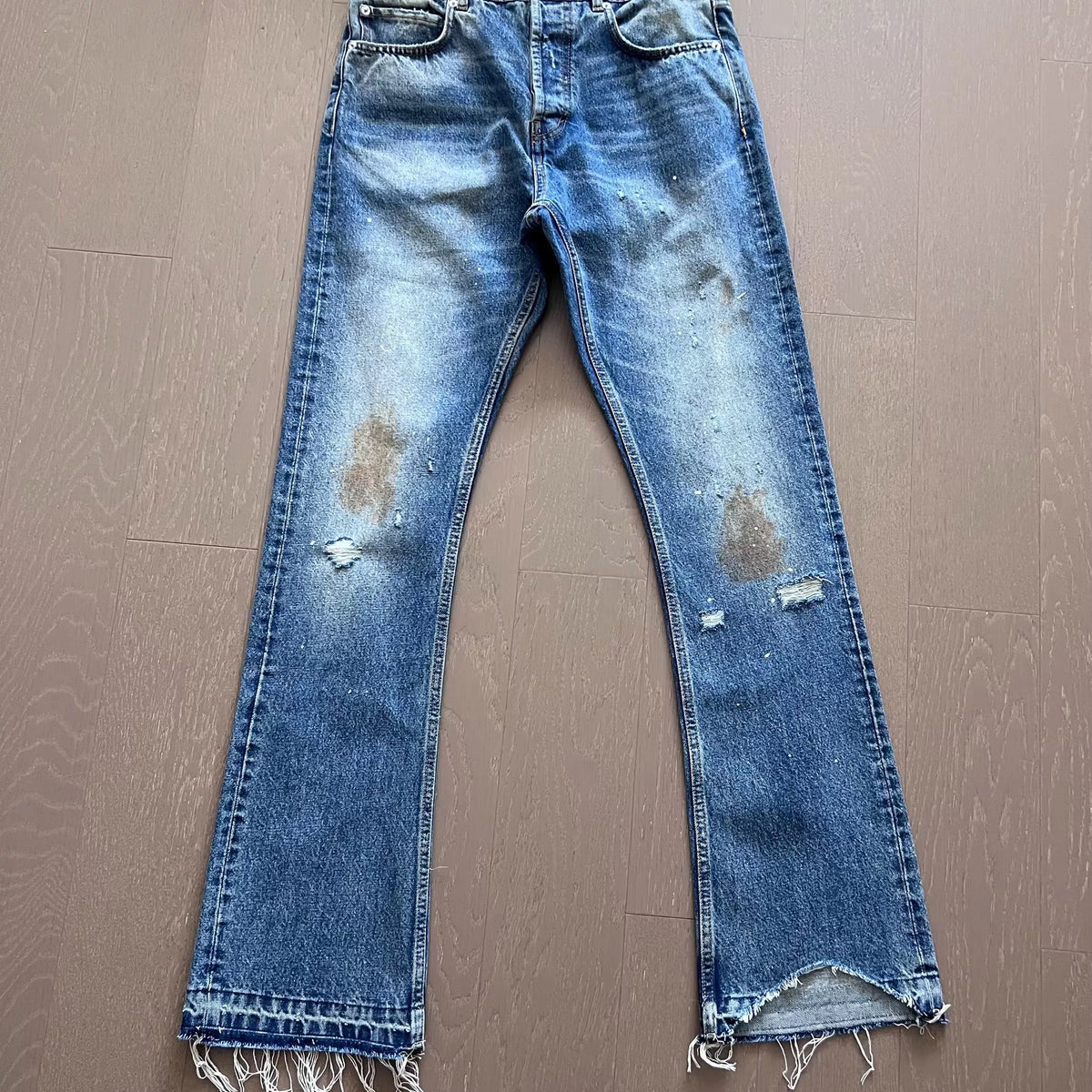 Echo Alley Burn-Washed Distressed Flare Jeans — Blue
