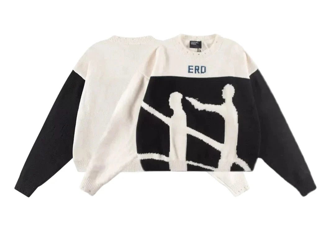 ERD Two-Figure Color-Block Jacquard Knit Sweater — Cream/Black