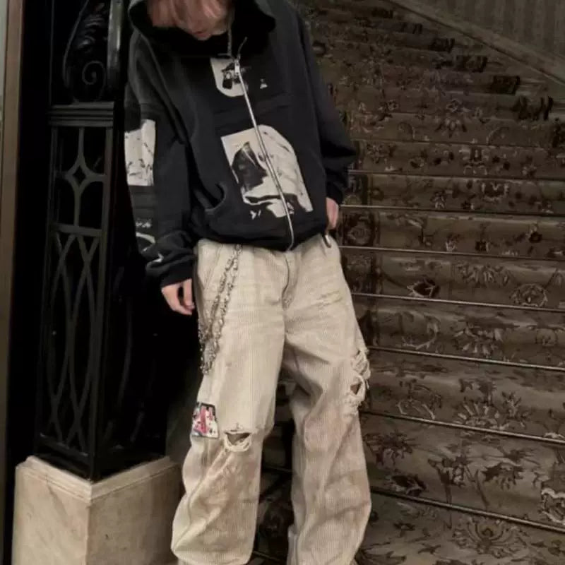 ERD Distressed Workwear Stripe Pants - Champagne