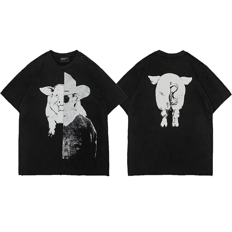 ERD Spliced Pig Skull Cowboy T-Shirt — Black