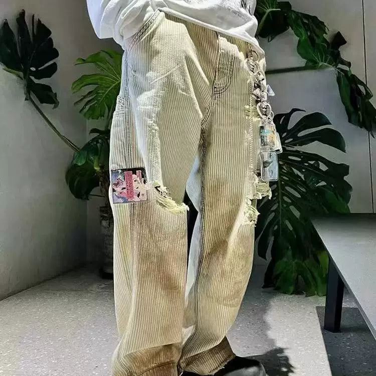 ERD Distressed Workwear Stripe Pants - Champagne