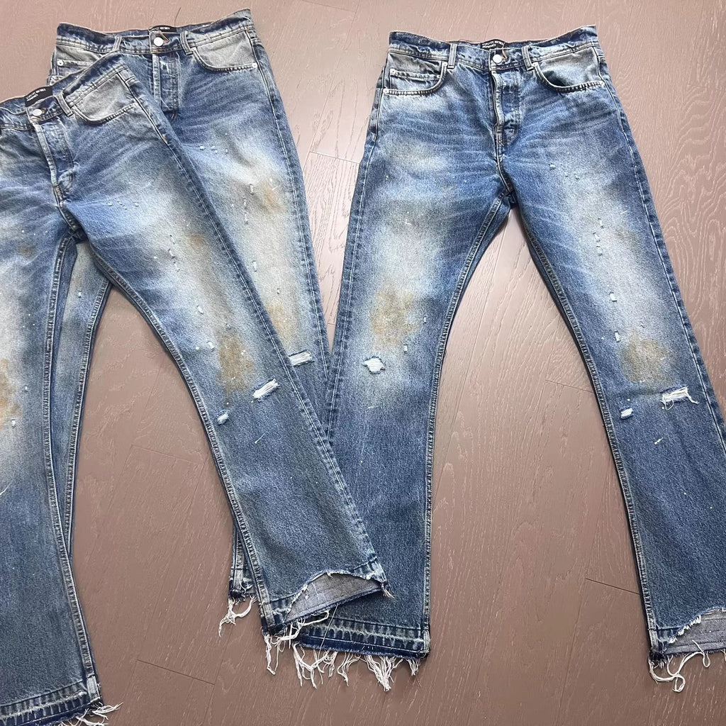 Echo Alley Burn-Washed Distressed Flare Jeans — Blue