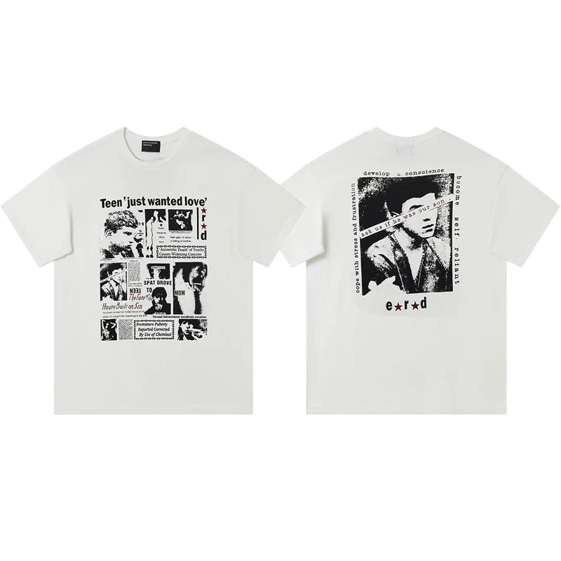 ERD “Teen Just Wanted Love” Newspaper Collage T-Shirt — White