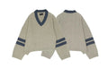 ERD Varsity Stripe Cable-Knit V-Neck Sweater - Camel/Slate Blue
