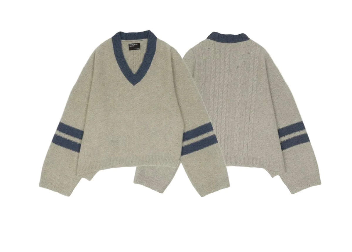 ERD Varsity Stripe Cable-Knit V-Neck Sweater - Camel/Slate Blue
