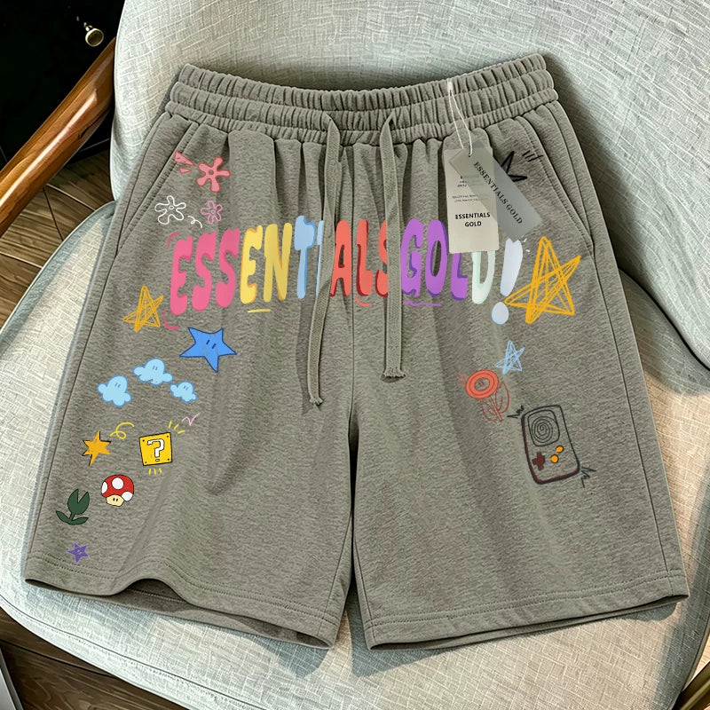 ESSENTIALS GOLD潮牌涂鸦印花短裤男女款抽绳五分裤宽松透气棕色