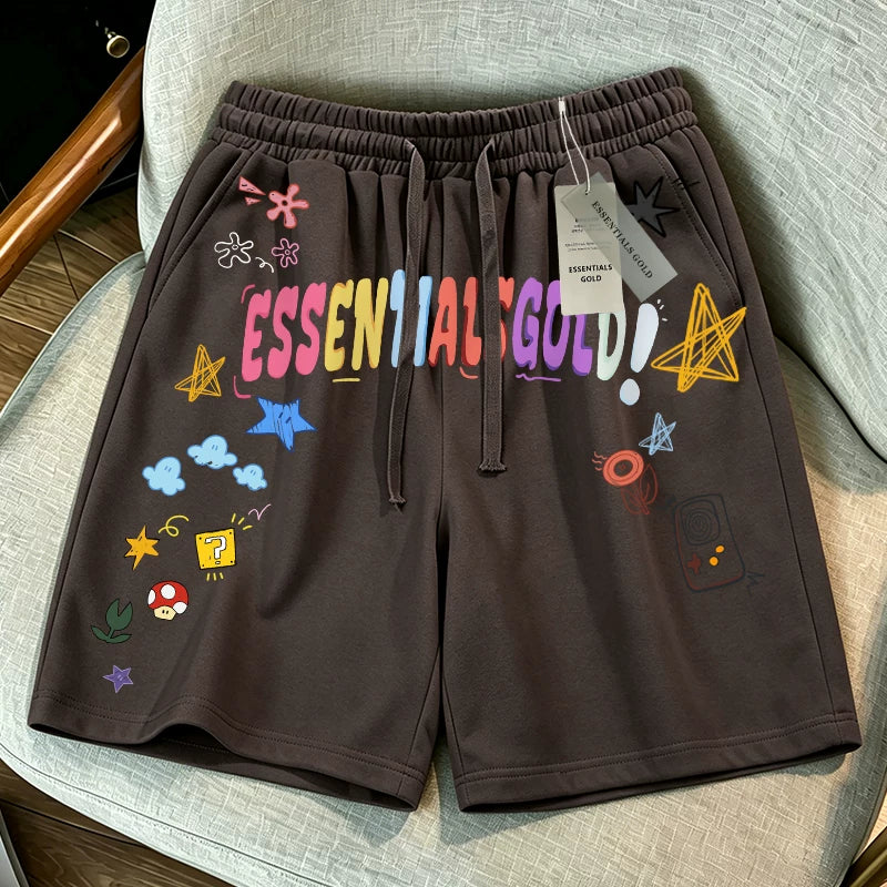 ESSENTIALS GOLD潮牌涂鸦印花短裤男女款抽绳五分裤宽松透气棕色