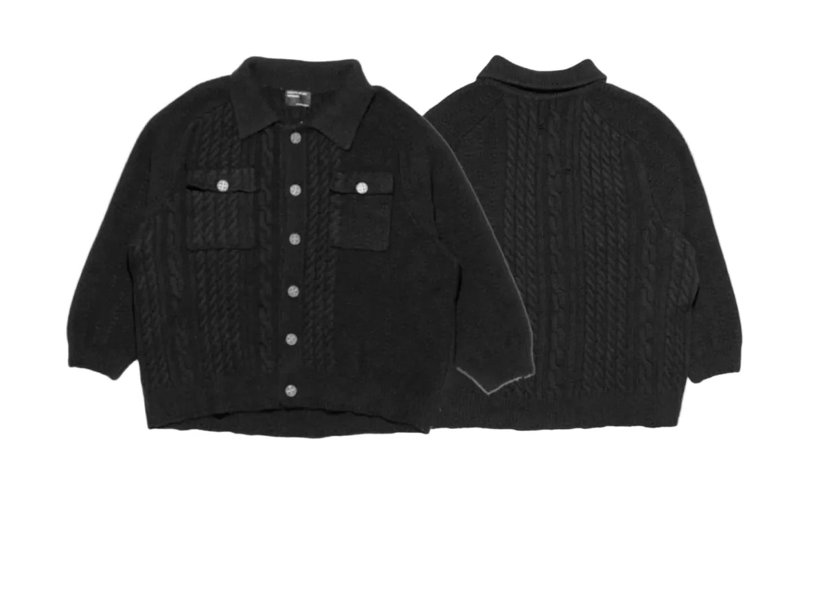 ERD Silver Button Cable-Knit Trucker Jacket - Black
