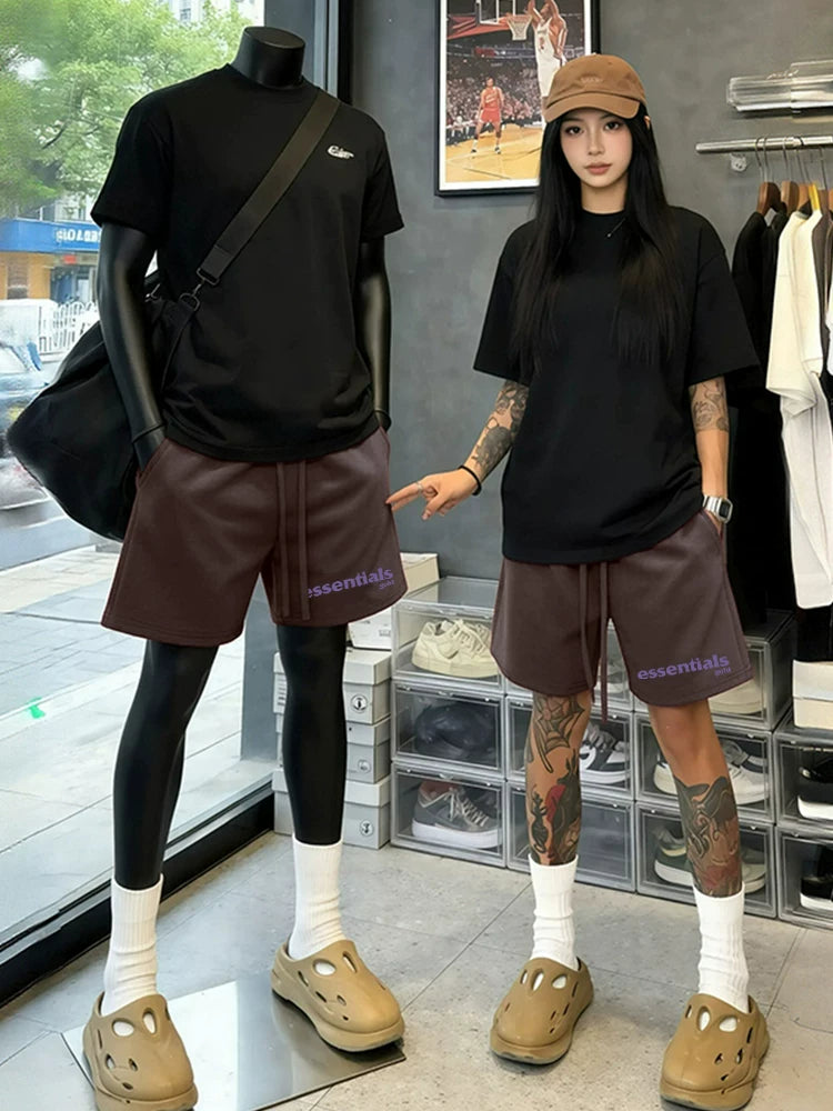 ESSENTIALS American high street fashion brand letter printed casual shorts for summer men's and women's sports drawstring five quarter pants