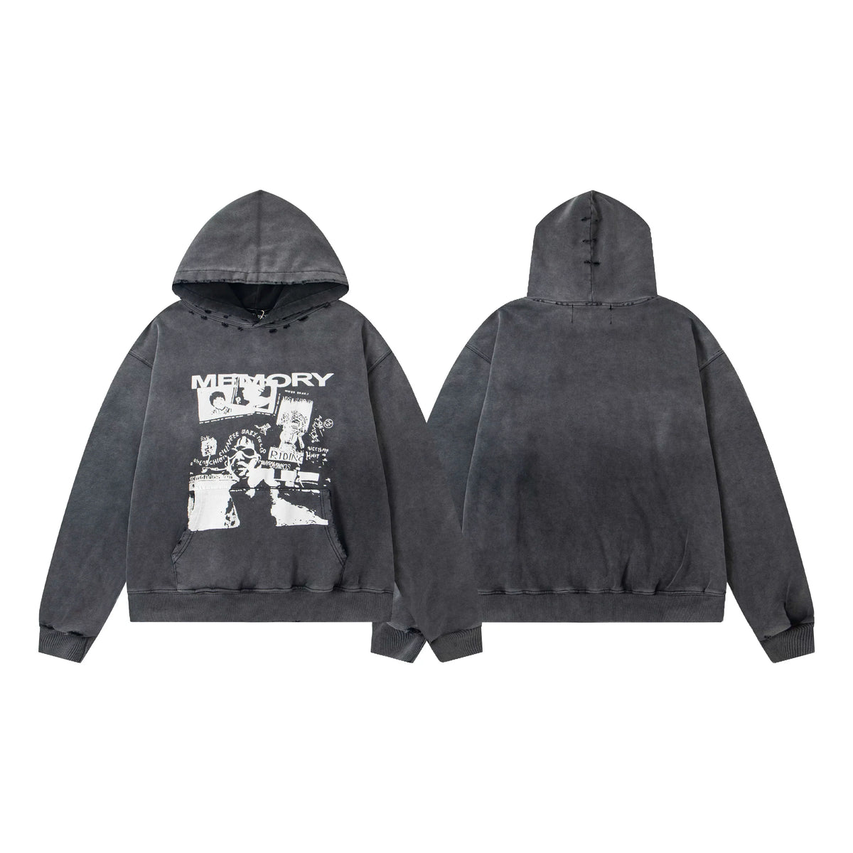 ERD Memory Collage Distressed Pullover Hoodie — Washed Black