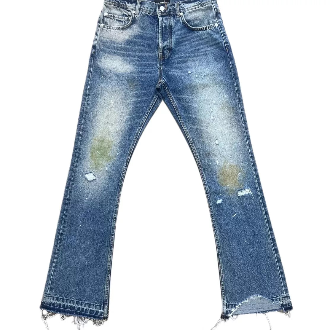 Echo Alley Burn-Washed Distressed Flare Jeans — Blue