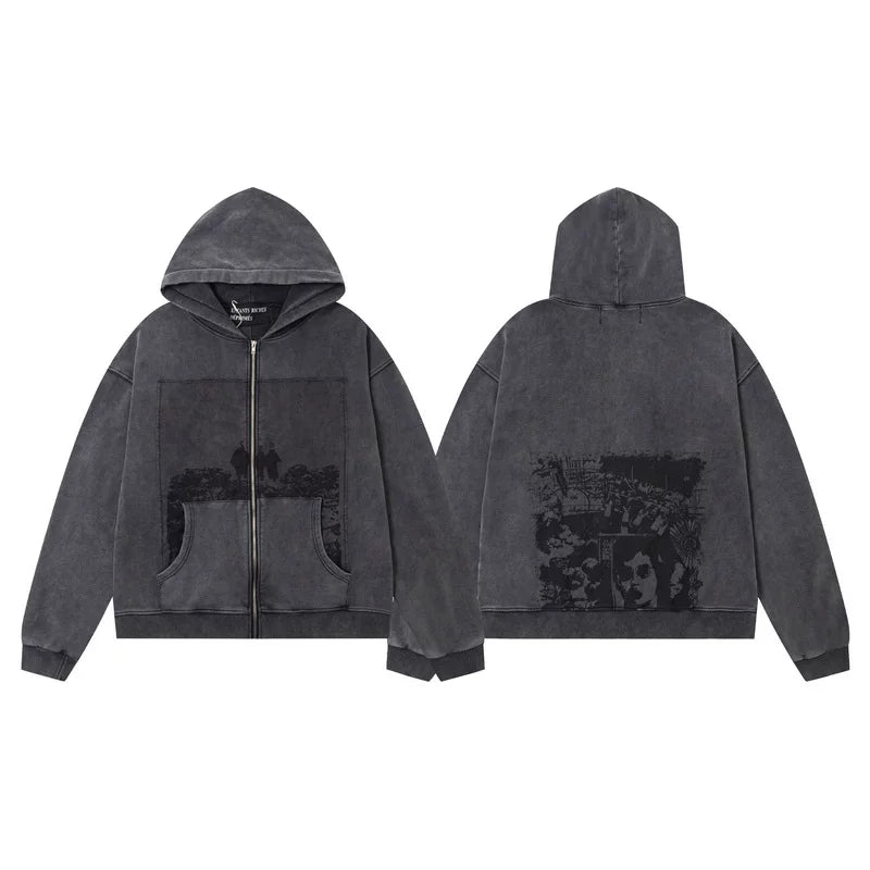 ERD Tone-on-Tone Crowd Graphic Zip-Up Hoodie — Washed Ash
